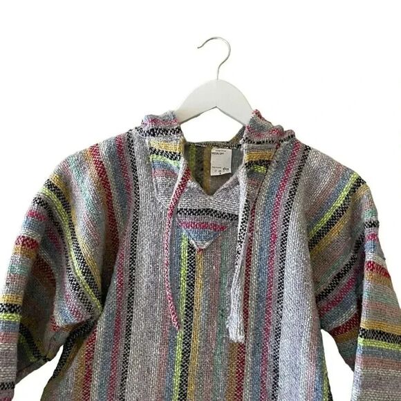 Mexican Boho Hooded Baja-Stripe Multicolor Unisex Pullover Pancho SZ S - Picture 3 of 10